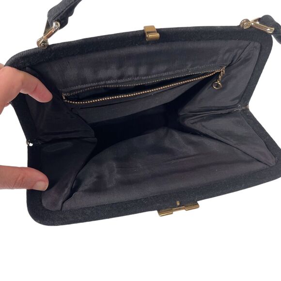 1950s Vintage Suede Handbag Gathered Fabric Clasp Gold Hardware Black VTG - Picture 5 of 14